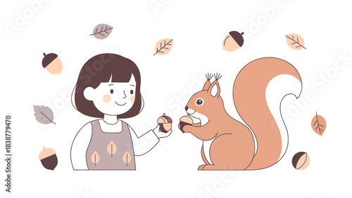 Cute girl feeding a squirrel acorn, with autumn leaves and acorns around.