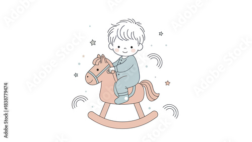 A cute baby boy happily riding a rocking horse toy illustration.