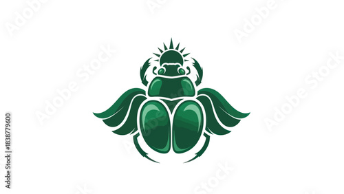 Stylized green scarab beetle with sun symbol.