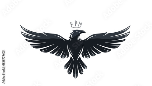 Stylized black bird with outstretched wings wearing a crown