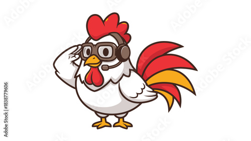 Cute cartoon rooster wearing a headset and goggles saluting.
