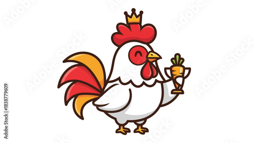 Cartoon rooster king holding a healthy carrot trophy