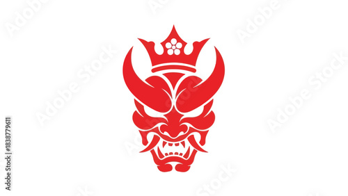 Red Japanese Oni Mask with Crown. Vector Illustration.