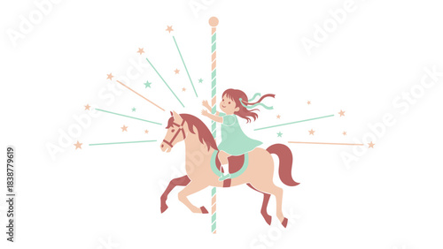 A happy child enjoys a whimsical carousel ride with stars.