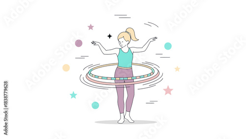 A young woman happily twirls a hula hoop with a playful, energetic vibe.
