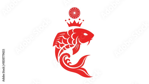 Red koi fish wearing a crown, symbolizing royalty and prosperity.