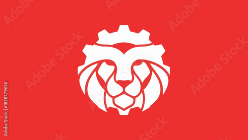 White lion head and gear logo on red background