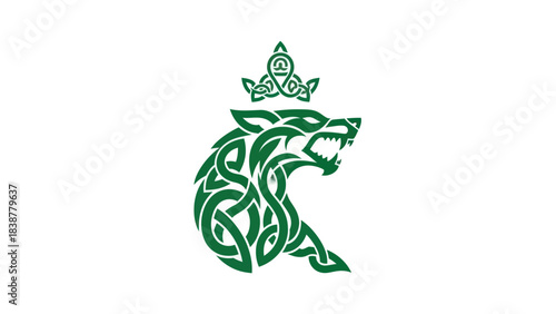 Green celtic wolf head with crown on white background