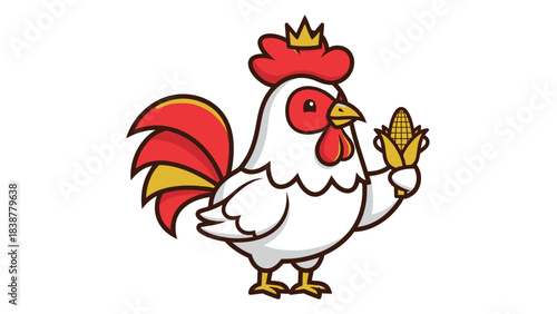 Cartoon rooster wearing a crown and holding a cob of corn
