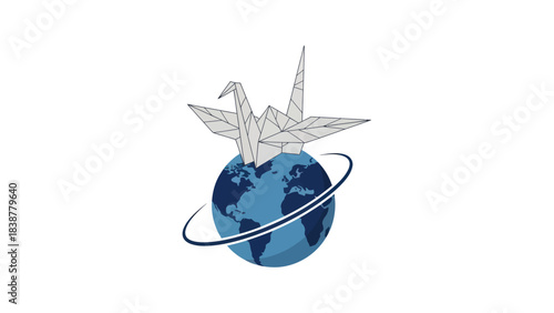Origami crane on a stylized globe with a ring