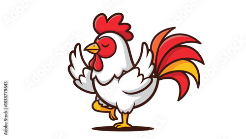 Funny cartoon rooster posing gracefully on one leg, stylized illustration