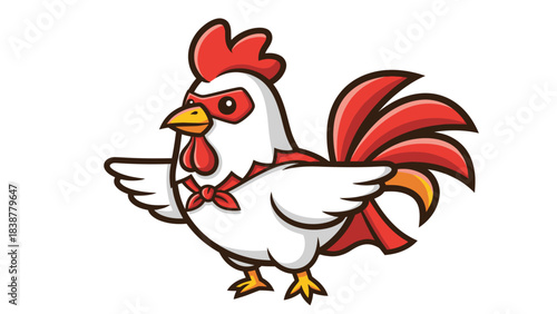 A cheerful cartoon rooster superhero wearing a mask and cape.