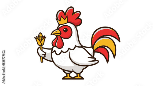 A cartoon rooster wearing a crown holds a cob of corn.