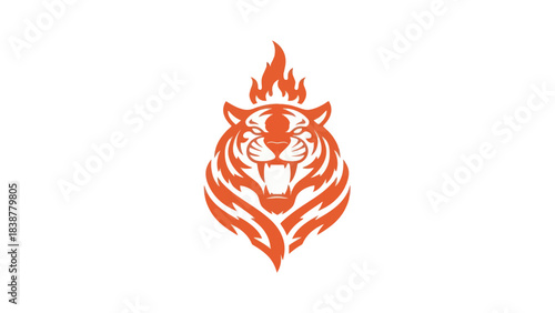 Fierce roaring tiger head with flames vector illustration.