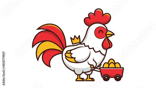 Cute cartoon rooster pulling a cart of golden eggs with a crown.
