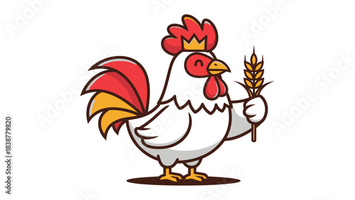 Cartoon rooster with a crown holding wheat on a white background