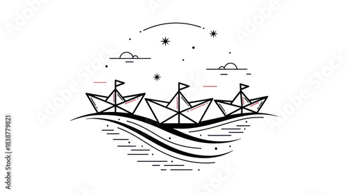 Three minimalist paper boats sailing on ocean waves under a starry sky.