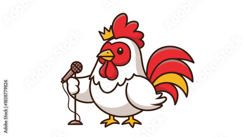 A cartoon rooster wearing a crown and holding a microphone, ready to sing.