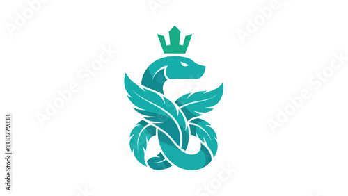 Mythical feathered serpent wearing a crown, isolated on white