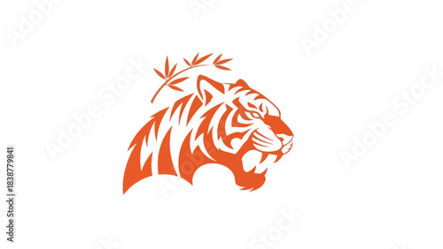 Stylized tiger head with bamboo leaves
