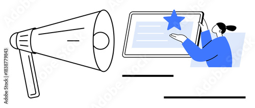 Advertising, content promotion, brand marketing, user engagement, media influence, communication. A megaphone and a person interacting with a screen a blue star. Advertising and content promotion
