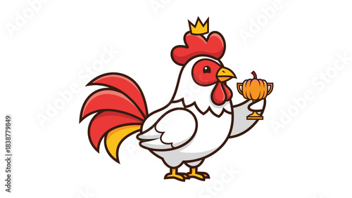 Cartoon rooster with a crown holding a pumpkin trophy.