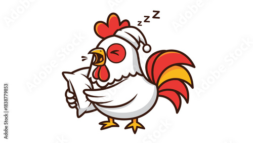 Tired rooster wearing a nightcap cuddles a pillow and snoozes.
