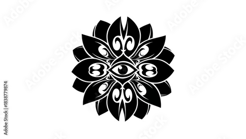 Mysterious eye within a stylized floral mandala, black and white graphic.