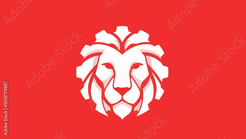 Lion Head with Gear Mane Logo on Red Background