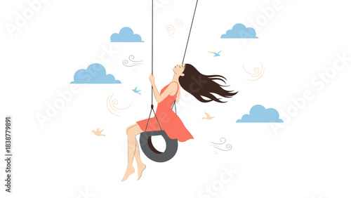 Joyful woman swinging high in the sky on a tire swing