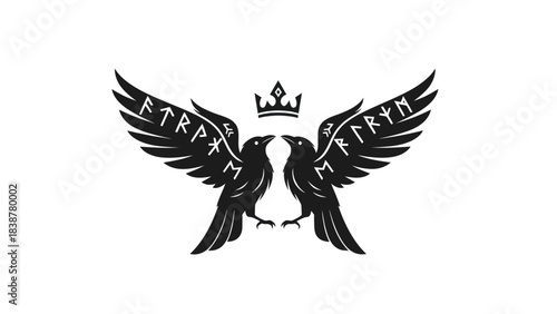 Two ravens with wings spread, a crown above, featuring runes.