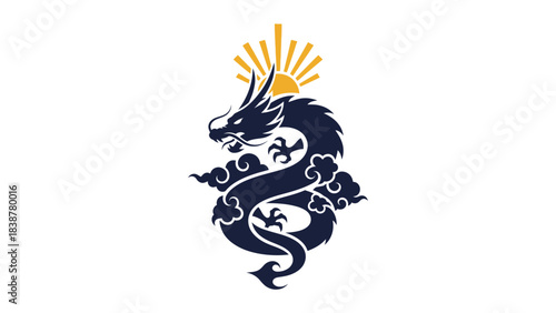 Stylized Chinese Dragon with Rising Sun and Clouds Illustration