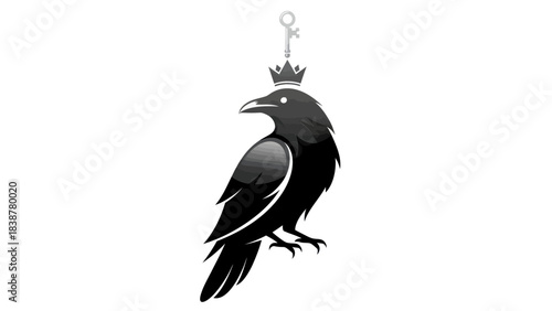 A black raven wearing a crown with a key above its head.