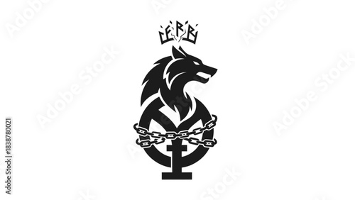 Stylized black wolf with broken crown and chains in a Celtic knot design.