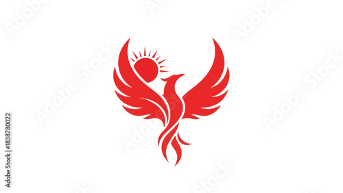 Stylized red phoenix rising with sun