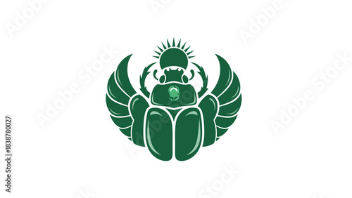 Green Egyptian Scarab Beetle with Sun Disk and Wings Vector Art