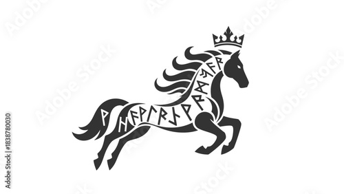 Majestic horse with royal crown and runic inscription