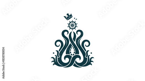Stylized octopus with a crown and ship's wheel