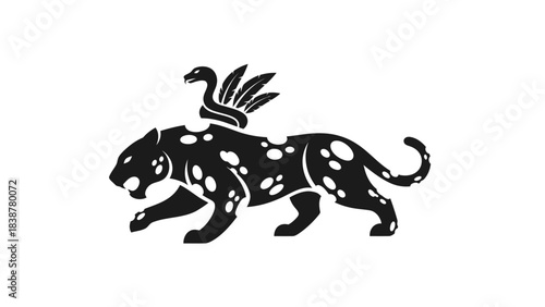 Mythical spotted panther with snake and feathers