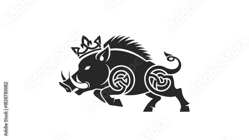 Boar with crown and Celtic knot patterns, vector illustration
