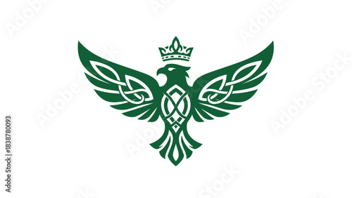 Green Celtic eagle emblem with crown on white background.