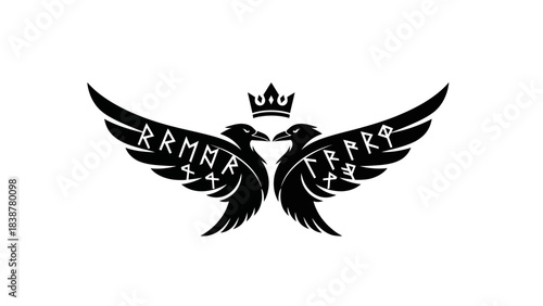 Norse Mythology Raven Emblem with Runes and Crown