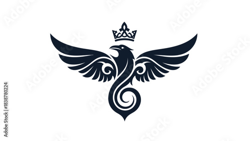 Mythical phoenix with wings spread, wearing a crown, on a white background.