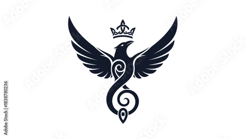Stylized phoenix with crown, mythological creature emblem