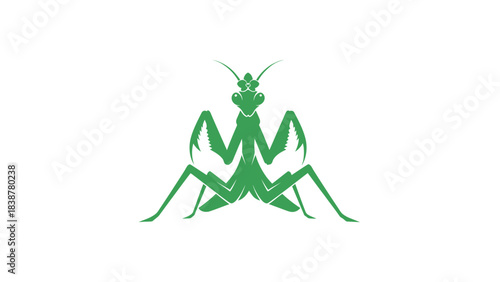 Stylized green praying mantis illustration on a white background.