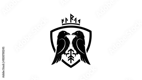 Black raven shield crest with crown and runes