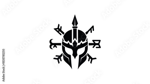 Stylized Spartan Helmet with Warrior Weapons Emblem