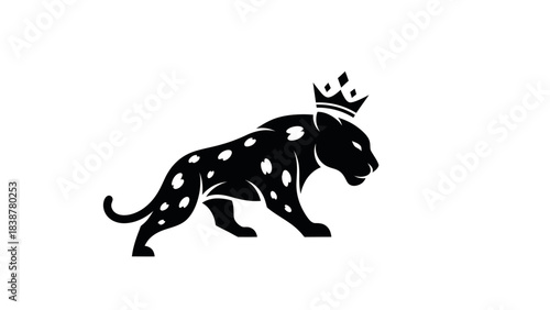 Black leopard wearing a crown, symbol of royalty and power.