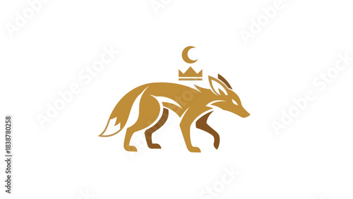Elegant royal fox with crown and crescent moon logo on white background.