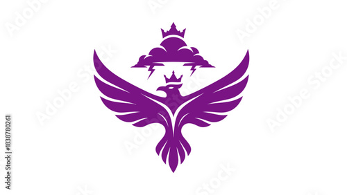 Purple phoenix with wings spread, crowned, and a thunder cloud behind.
